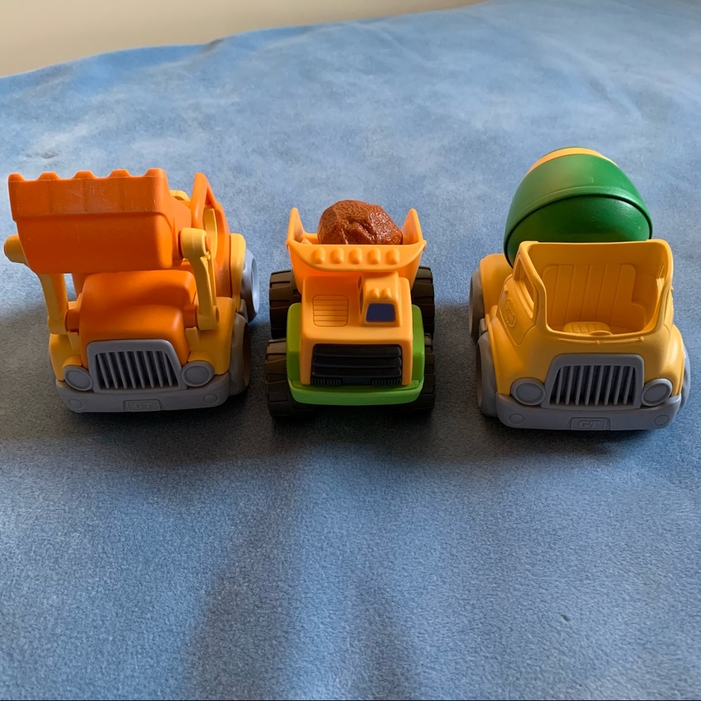 Playskool rumblin dump truck by Hasbro, Green Toys contruction mixer and scooper